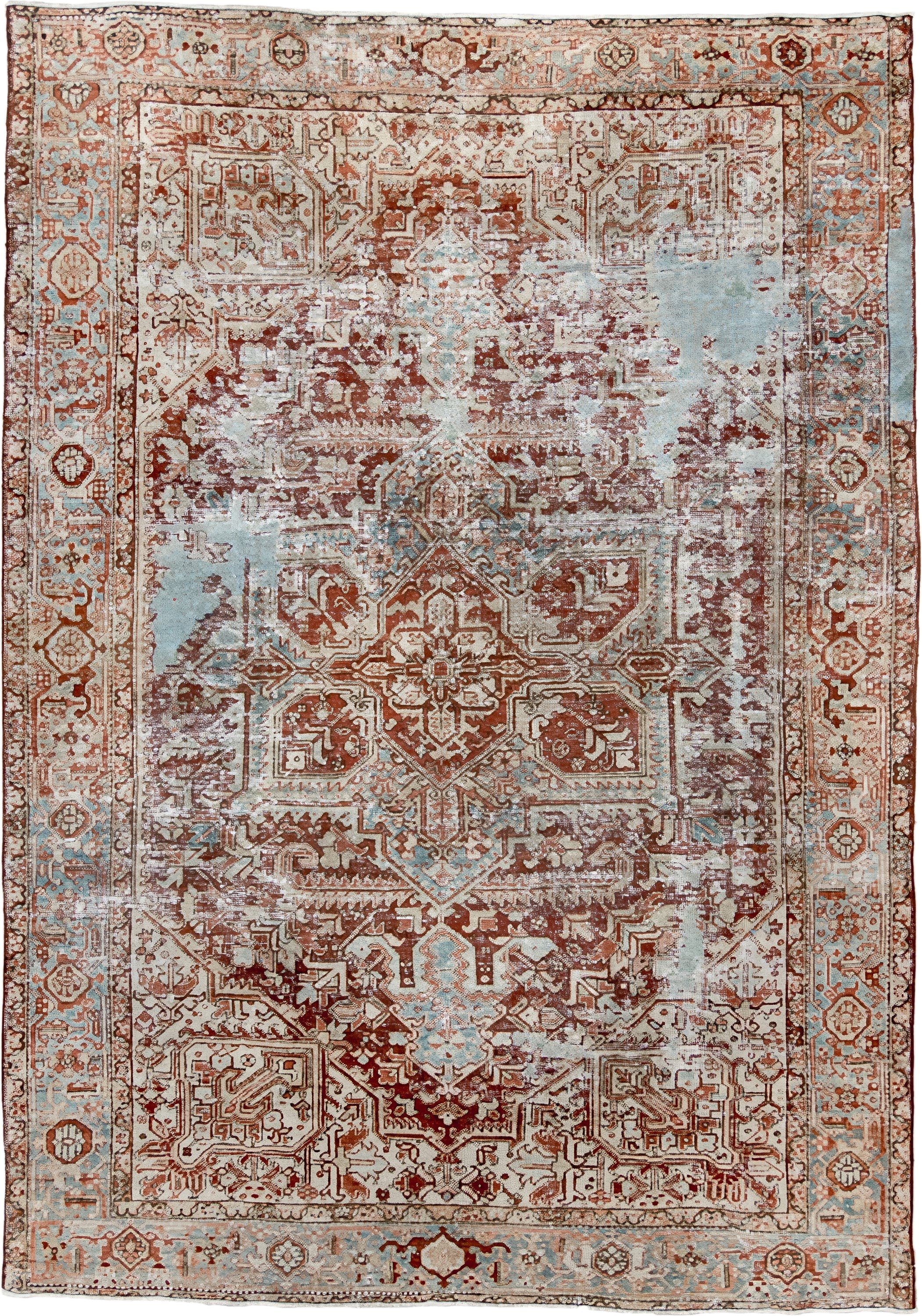 7' x 11' one-of-a-kind handmade antique Heriz large size rug. Color palette: ivory, rust, sky_blue, terra_cotta, taupe