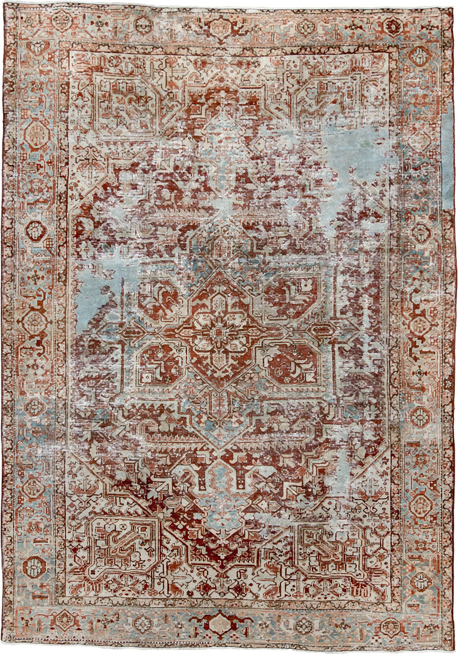7' x 11' one-of-a-kind handmade antique Heriz large size rug. Color palette: ivory, rust, sky_blue, terra_cotta, taupe
