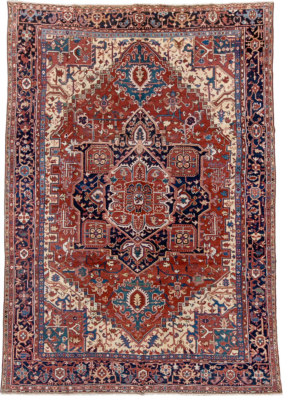 8' x 11' one-of-a-kind handmade antique Heriz large size rug. Color palette: rust, navy, ivory, sky blue, terra cotta, camel