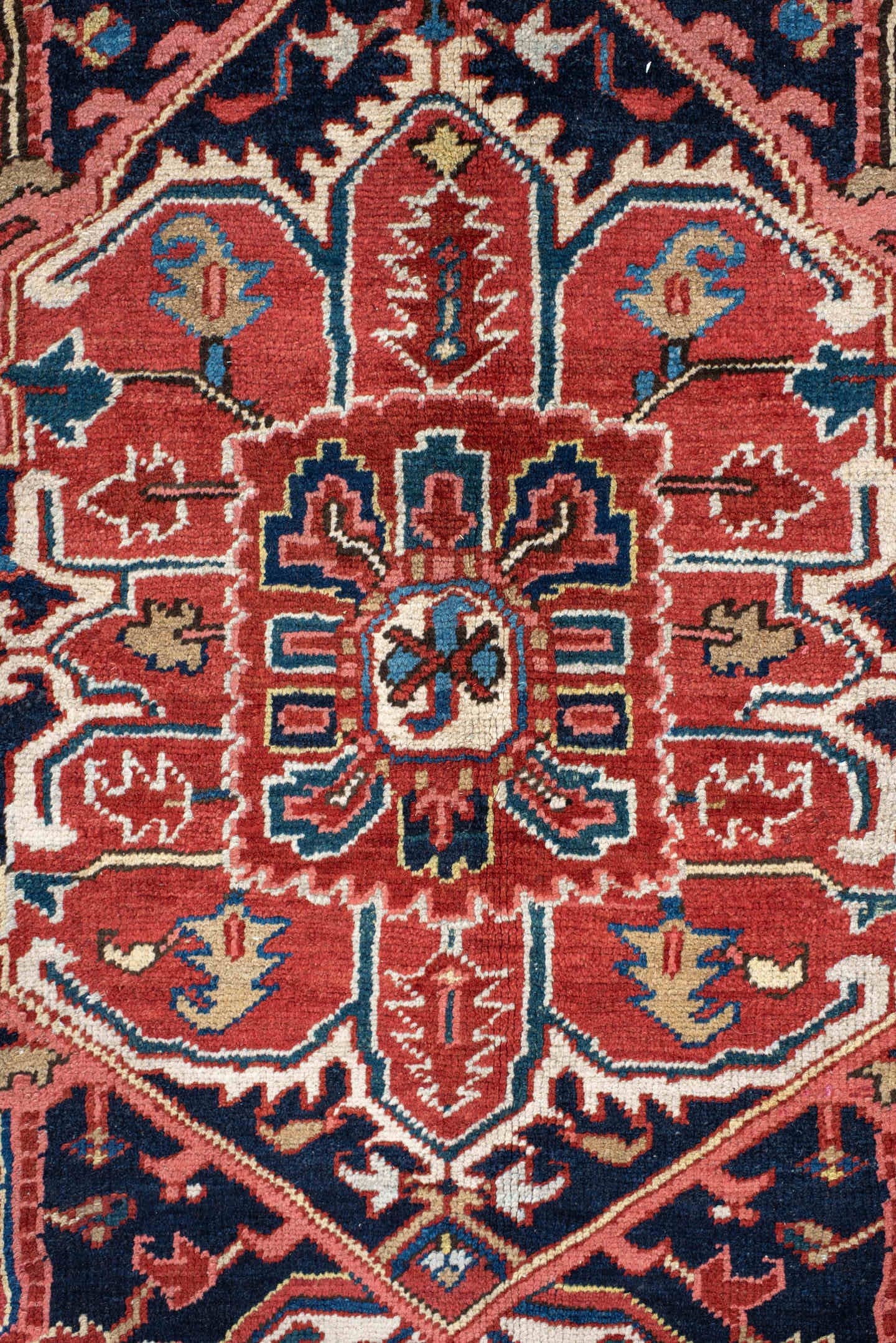 8' x 11' one-of-a-kind handmade antique Heriz large size rug. Color palette: rust, navy, ivory, sky blue, terra cotta, camel
