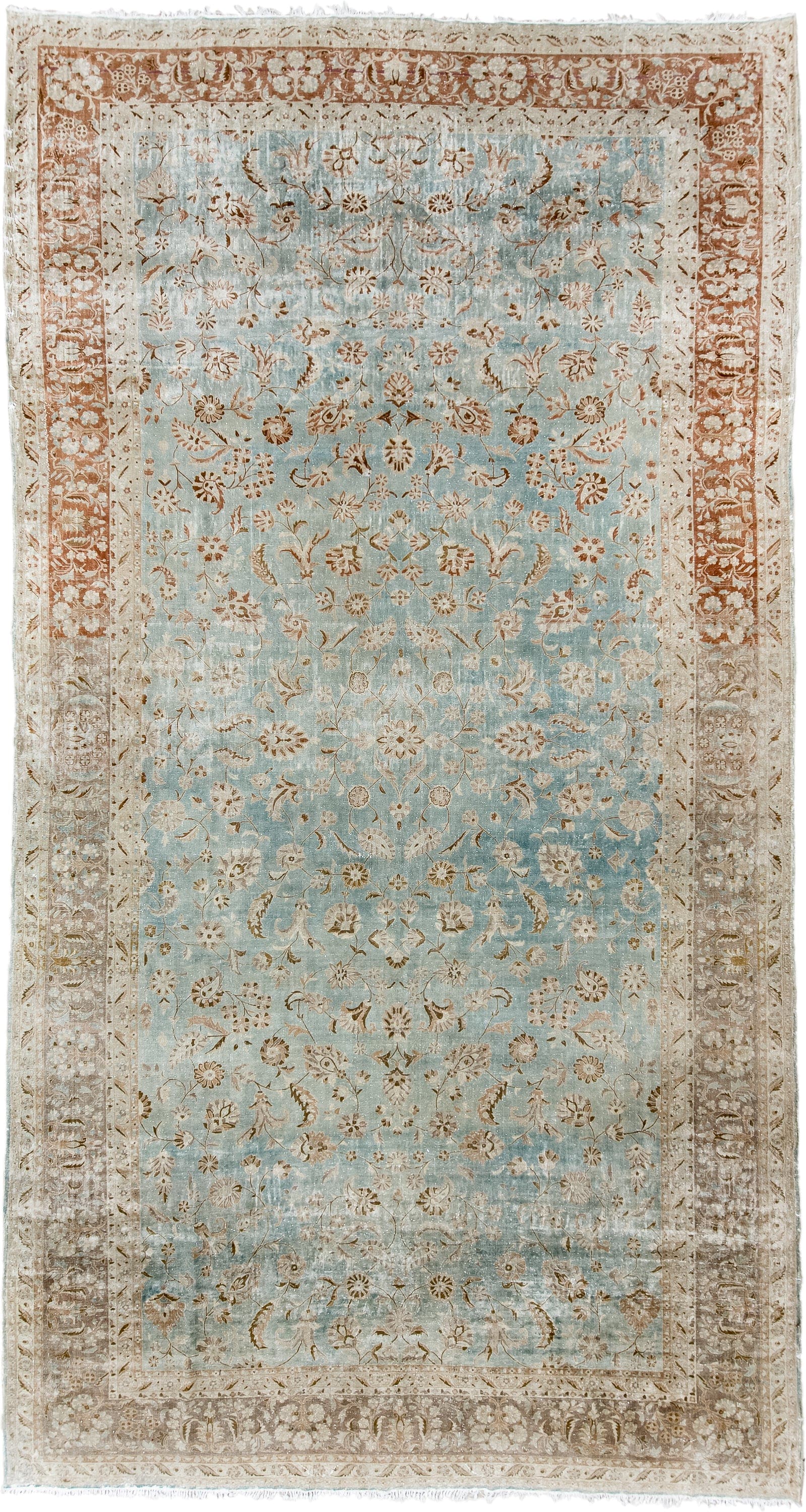10' x 18' one-of-a-kind handmade antique Kashan rug. Color palette: ivory, pale blue, taupe, rust, beige, camel, light blue