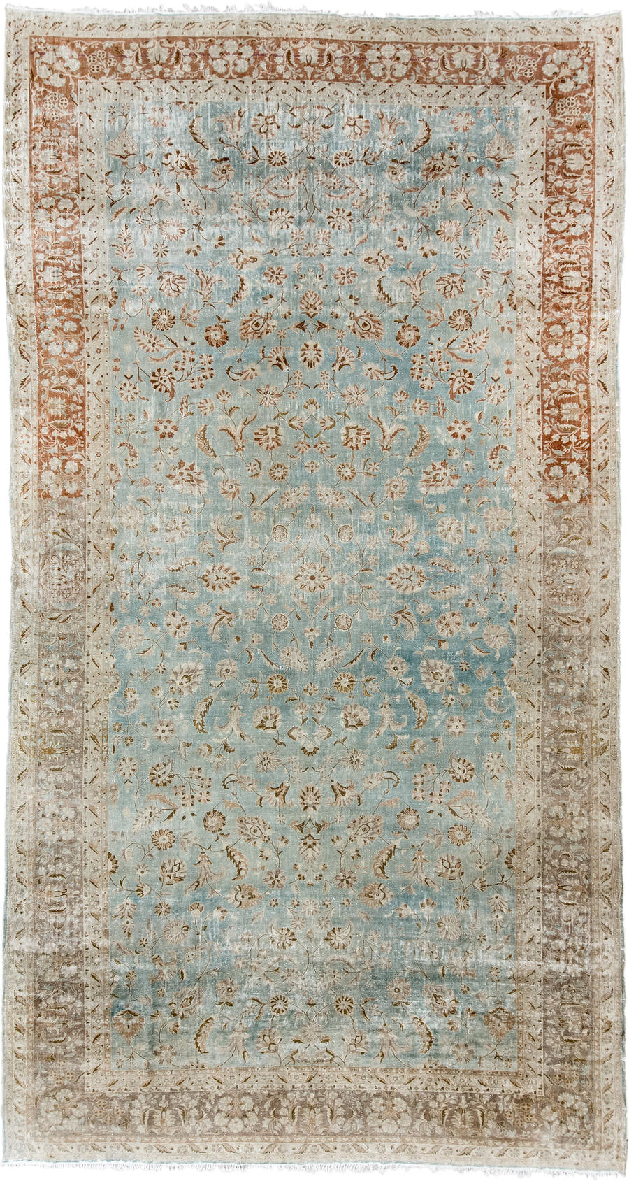 10' x 18' one-of-a-kind handmade antique Kashan rug. Color palette: ivory, pale blue, taupe, rust, beige, camel, light blue