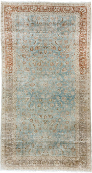 10' x 18' one-of-a-kind handmade antique Kashan rug. Color palette: ivory, pale blue, taupe, rust, beige, camel, light blue