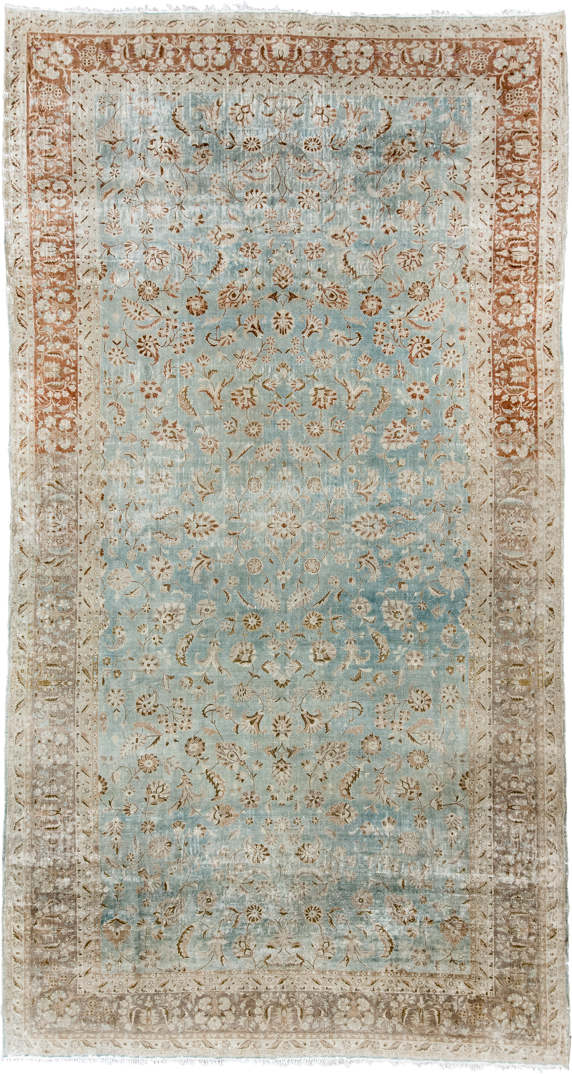10' x 18' one-of-a-kind handmade antique Kashan rug. Color palette: ivory, pale blue, taupe, rust, beige, camel, light blue