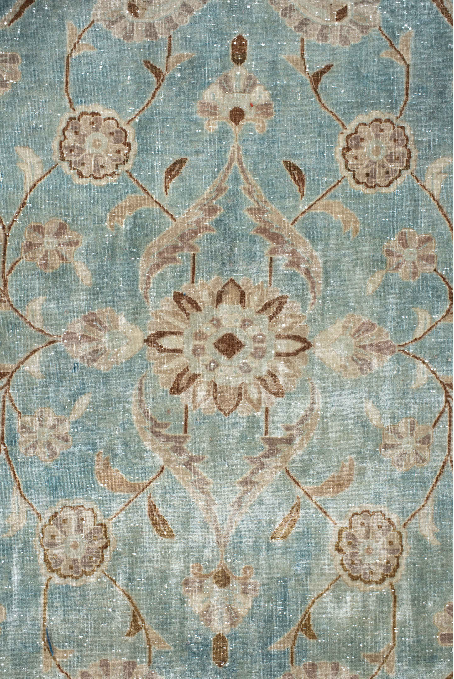 10' x 18' one-of-a-kind handmade antique Kashan rug. Color palette: ivory, pale blue, taupe, rust, beige, camel, light blue