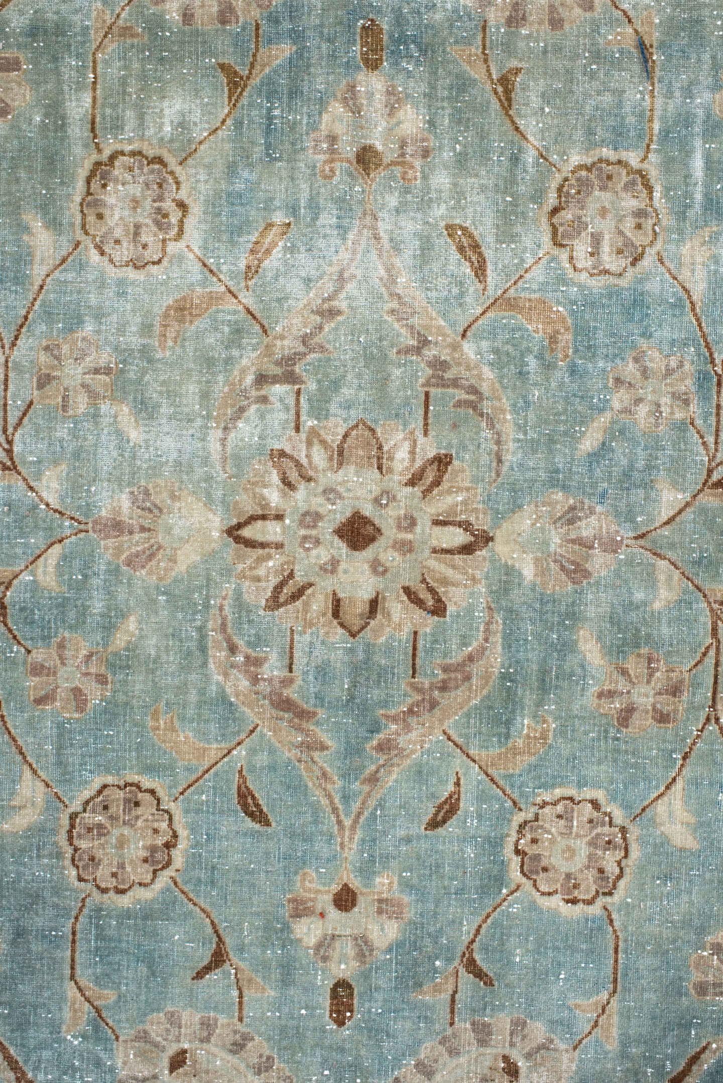 10' x 18' one-of-a-kind handmade antique Kashan rug. Color palette: ivory, pale blue, taupe, rust, beige, camel, light blue