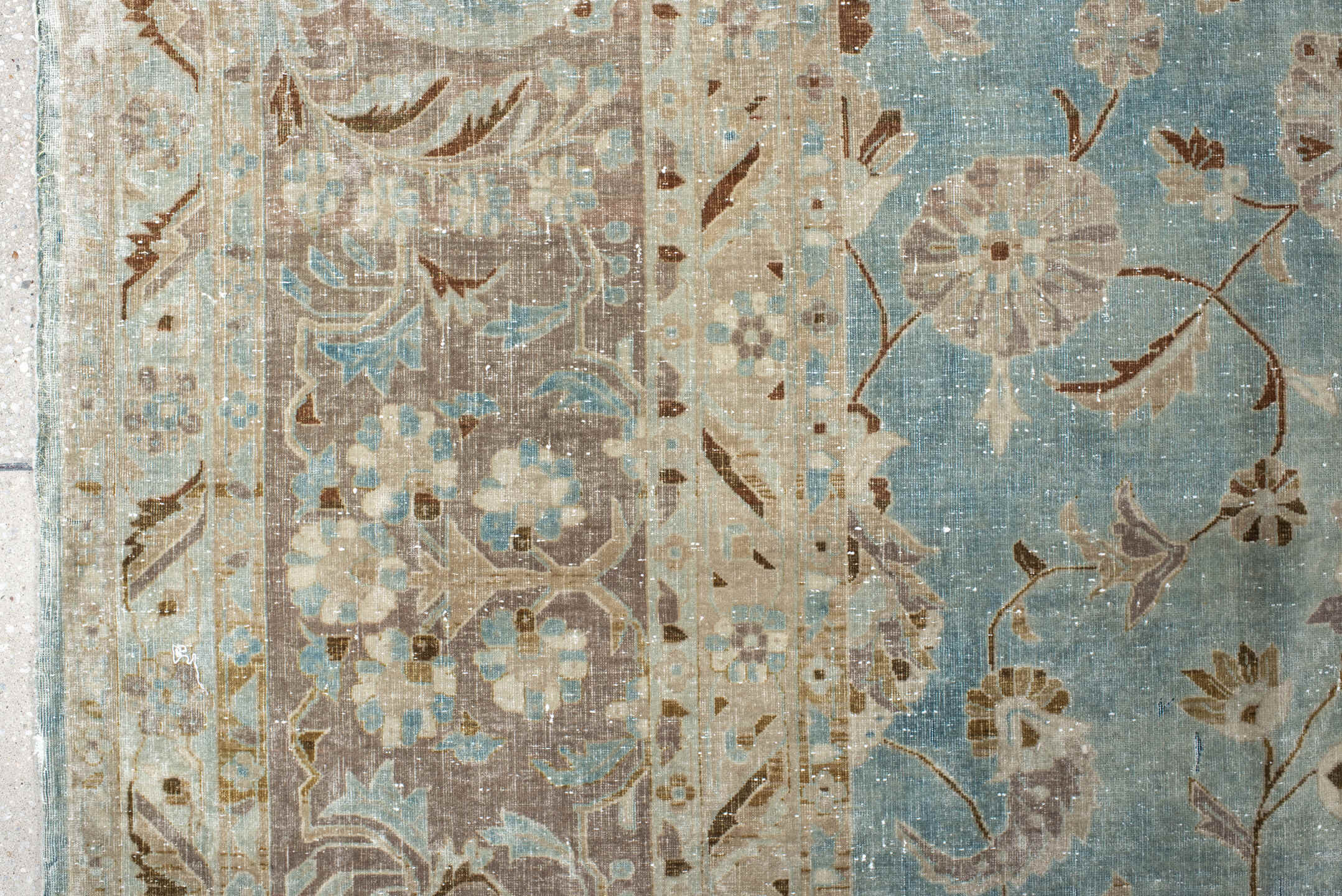 10' x 18' one-of-a-kind handmade antique Kashan rug. Color palette: ivory, pale blue, taupe, rust, beige, camel, light blue