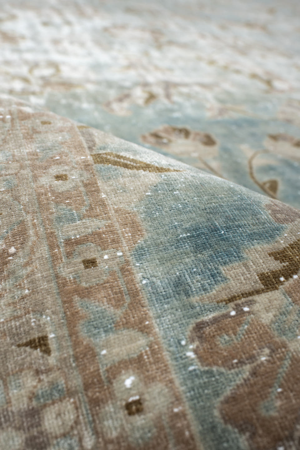 10' x 18' one-of-a-kind handmade antique Kashan rug. Color palette: ivory, pale blue, taupe, rust, beige, camel, light blue