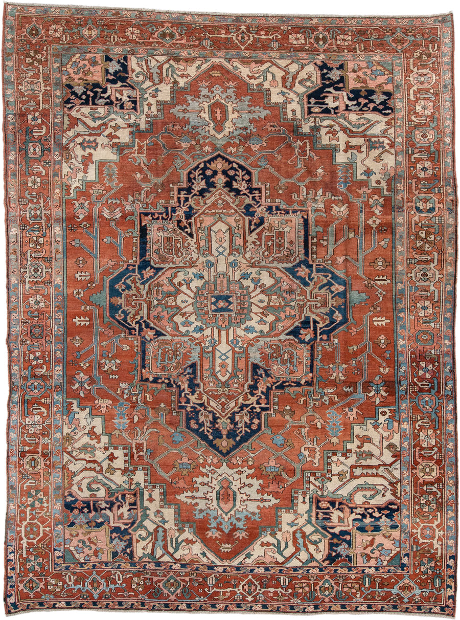 9' x 12' one-of-a-kind handmade vintage Serapi large size rug. Color palette: terra cotta, ivory, sky blue, navy, rust