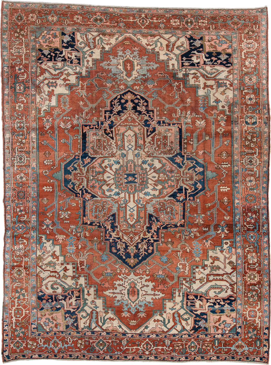 9' x 12' one-of-a-kind handmade vintage Serapi large size rug. Color palette: terra cotta, ivory, sky blue, navy, rust