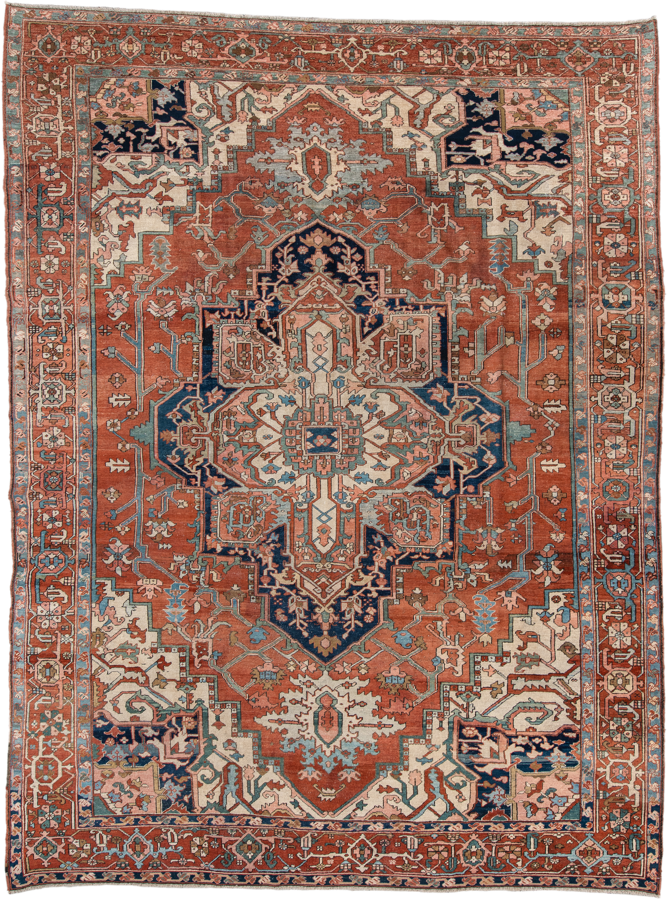 9' x 12' one-of-a-kind handmade vintage Serapi large size rug. Color palette: terra cotta, ivory, sky blue, navy, rust