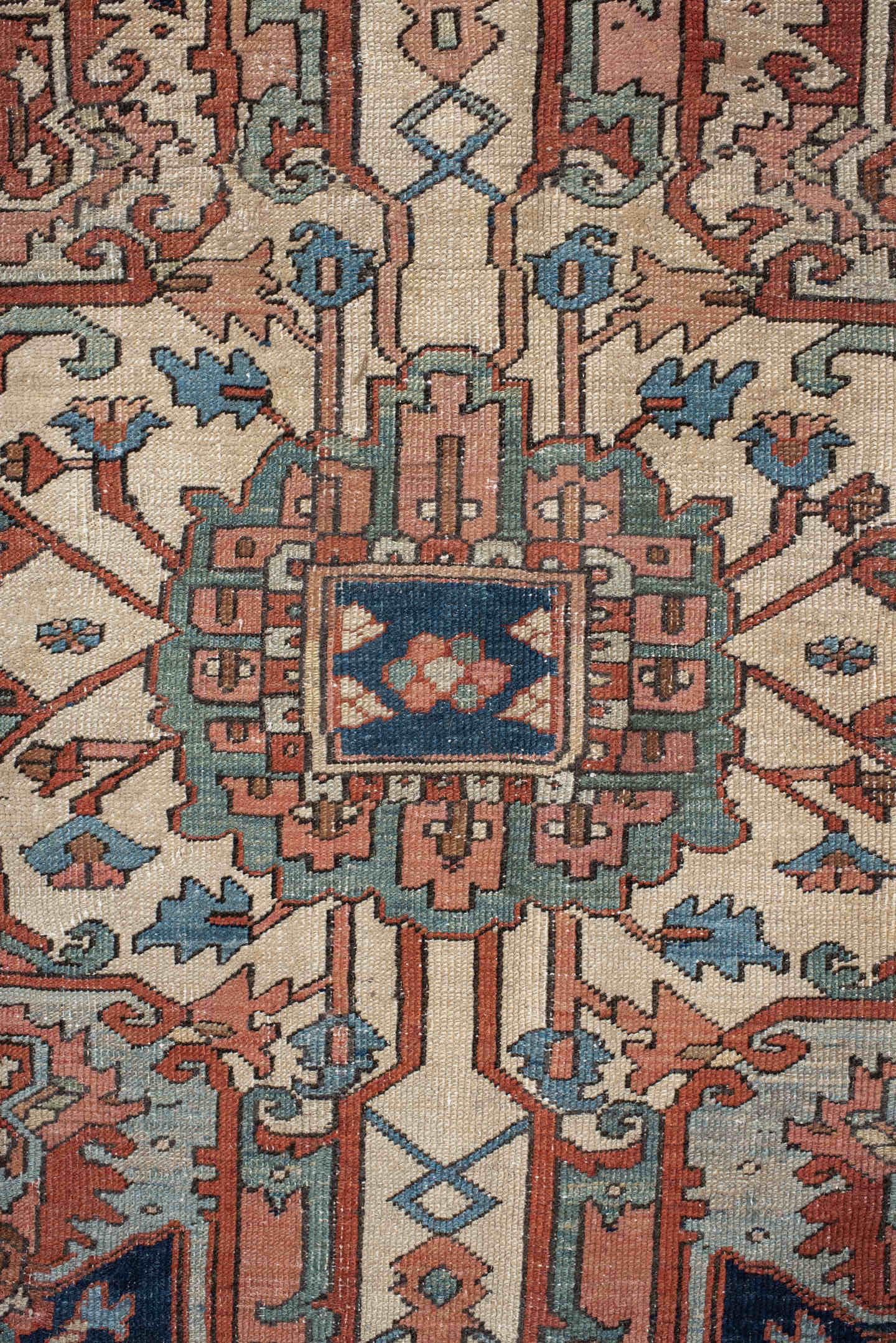 9' x 12' one-of-a-kind handmade vintage Serapi large size rug. Color palette: terra cotta, ivory, sky blue, navy, rust