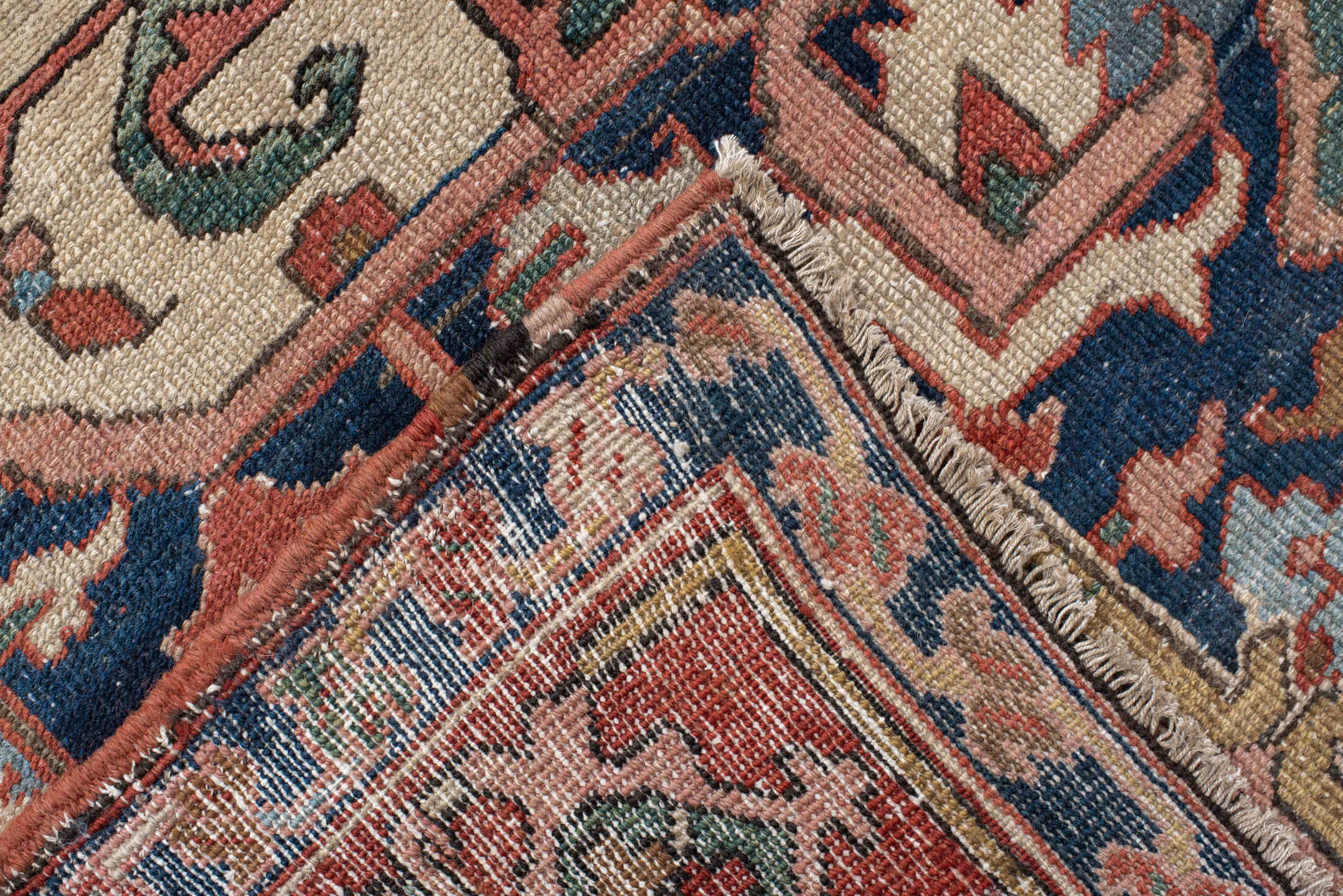 9' x 12' one-of-a-kind handmade vintage Serapi large size rug. Color palette: terra cotta, ivory, sky blue, navy, rust