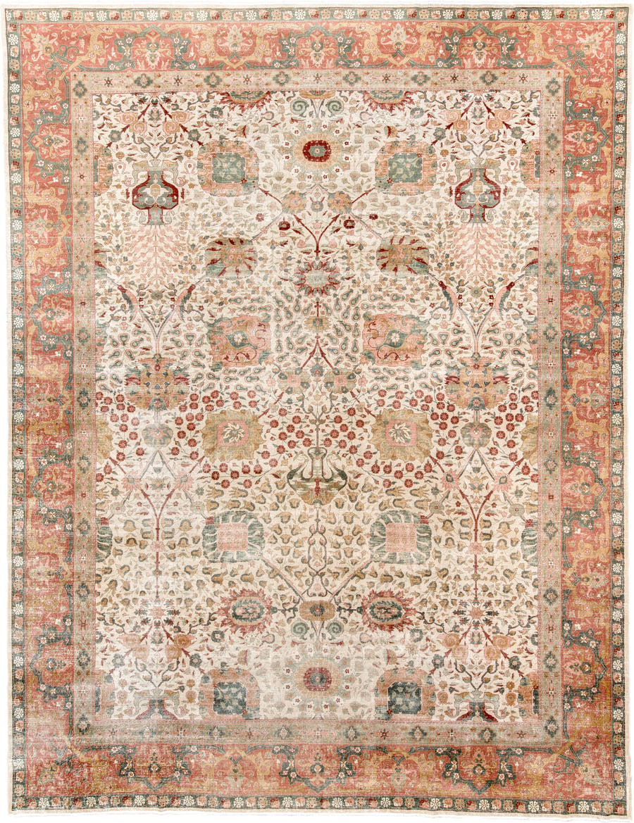 12' x 16' one-of-a-kind handmade antique Agra oversize rug. Color palette: ivory, coral, sage, rust, gold, taupe