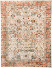 12' x 16' one-of-a-kind handmade antique Agra oversize rug. Color palette: ivory, coral, sage, rust, gold, taupe
