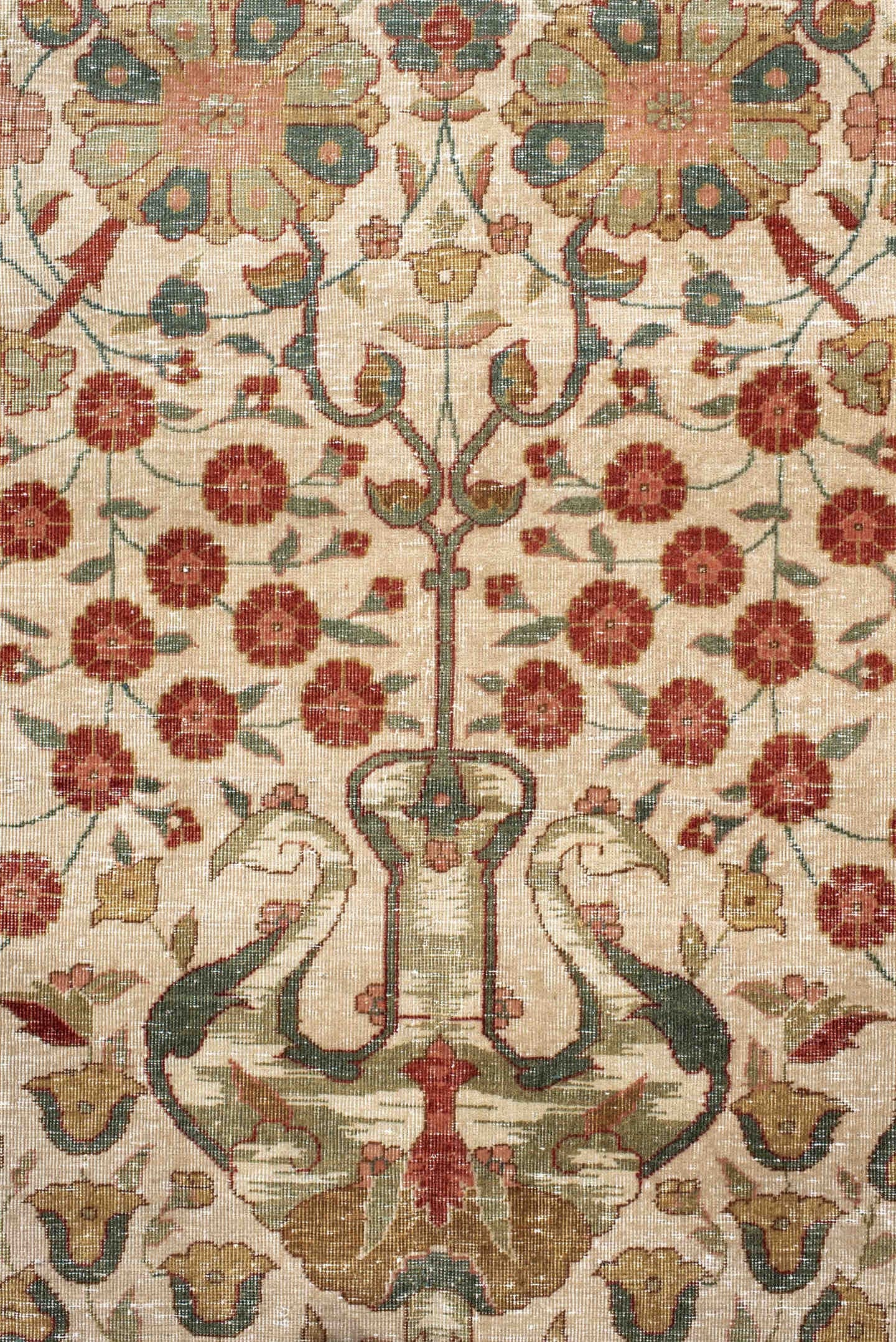 12' x 16' one-of-a-kind handmade antique Agra oversize rug. Color palette: ivory, coral, sage, rust, gold, taupe