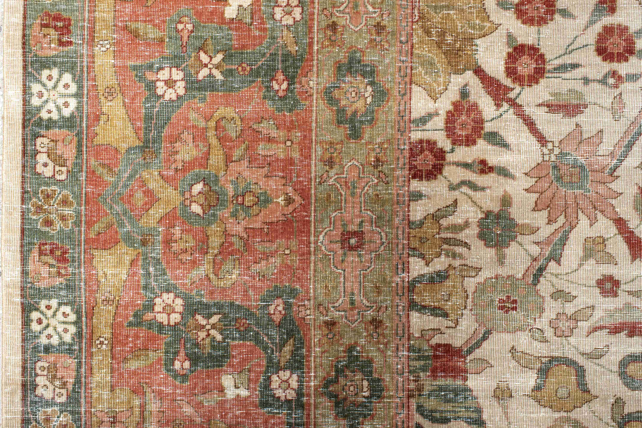 12' x 16' one-of-a-kind handmade antique Agra oversize rug. Color palette: ivory, coral, sage, rust, gold, taupe