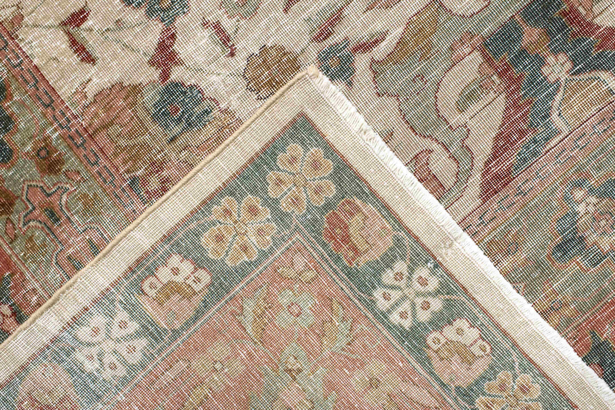 12' x 16' one-of-a-kind handmade antique Agra oversize rug. Color palette: ivory, coral, sage, rust, gold, taupe