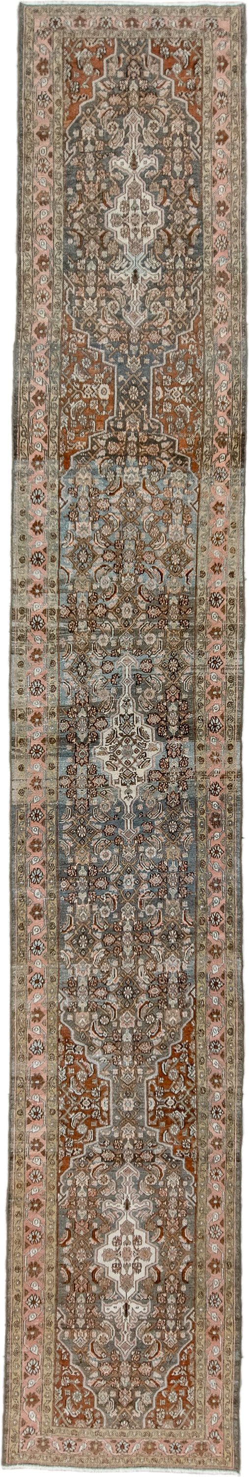 2' x 17' one-of-a-kind handmade antique Malayer runner rug. Color palette: sky blue, rust, ivory, blush, taupe, brown, sage