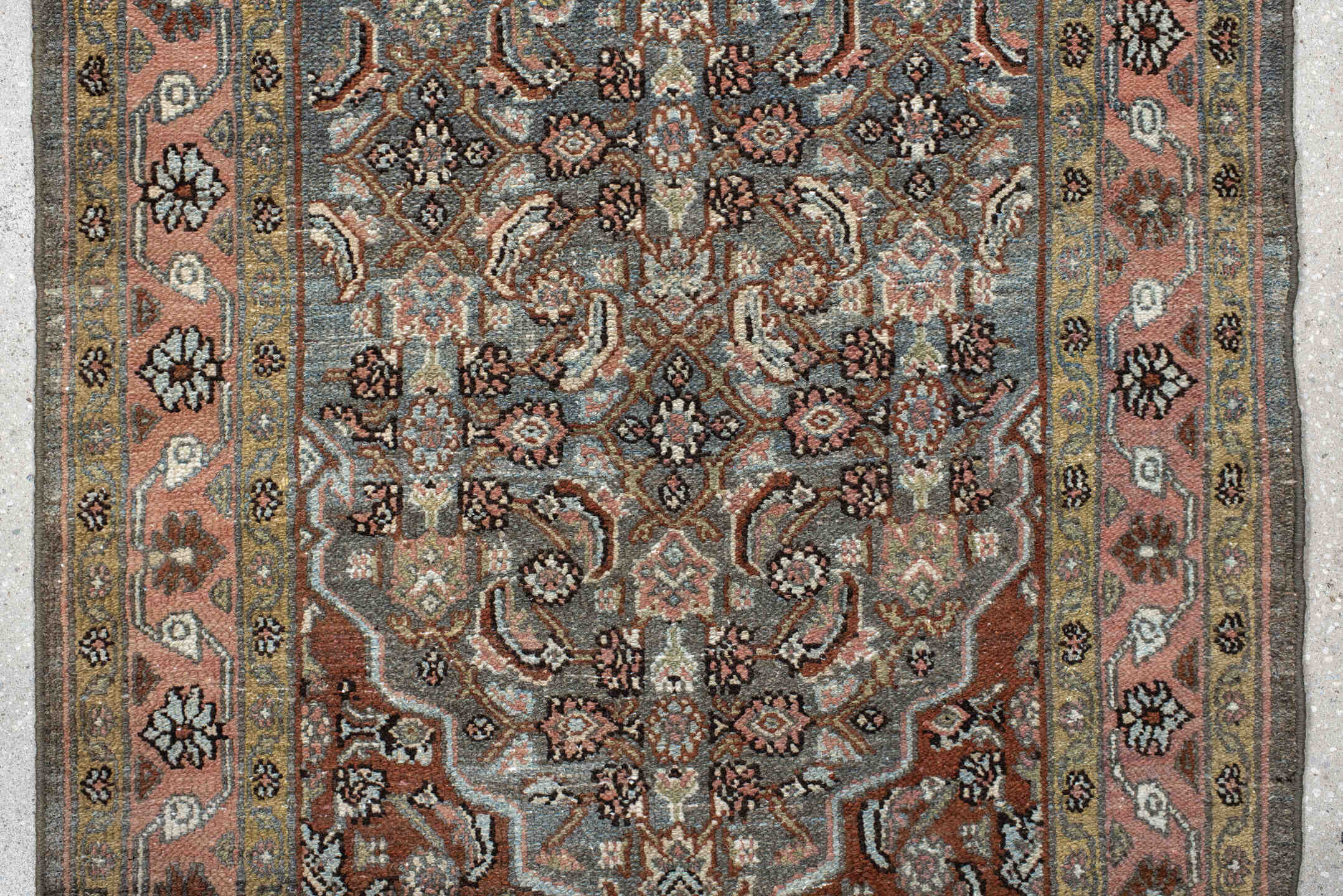2' x 17' one-of-a-kind handmade vintage Malayer runner rug. Color palette: brown, gray, light gray, off-white, silver