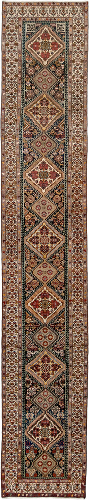 2' x 17' one-of-a-kind handmade antique Malayer runner rug. Color palette: ivory, indigo, rust, camel, burgundy, navy