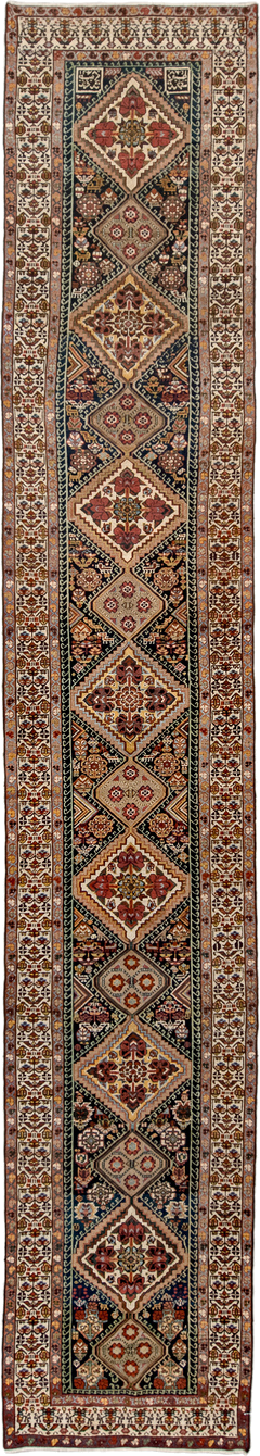 2' x 17' one-of-a-kind handmade antique Malayer runner rug. Color palette: ivory, indigo, rust, camel, burgundy, navy