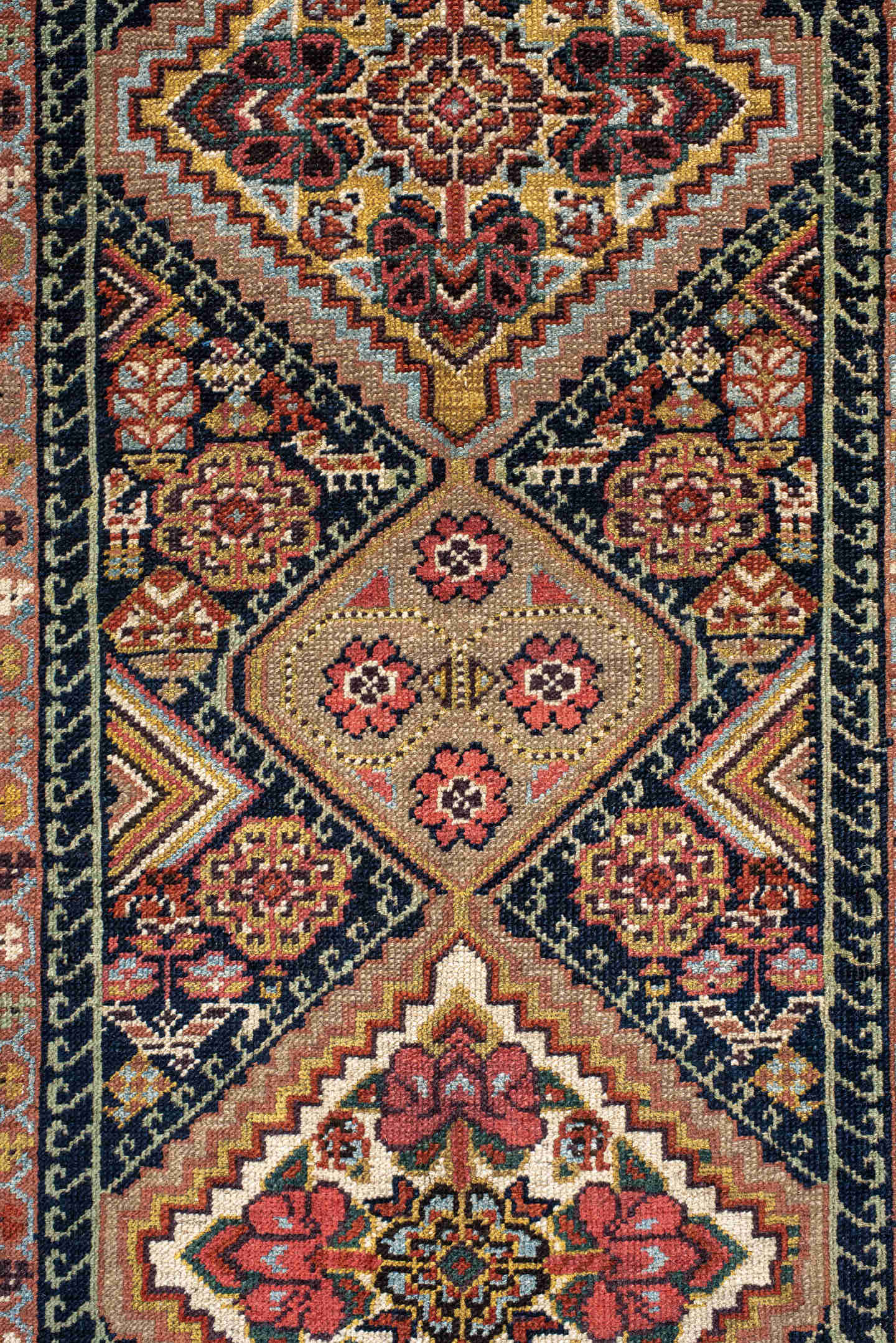 2' x 17' one-of-a-kind handmade antique Malayer runner rug. Color palette: ivory, indigo, rust, camel, burgundy, navy