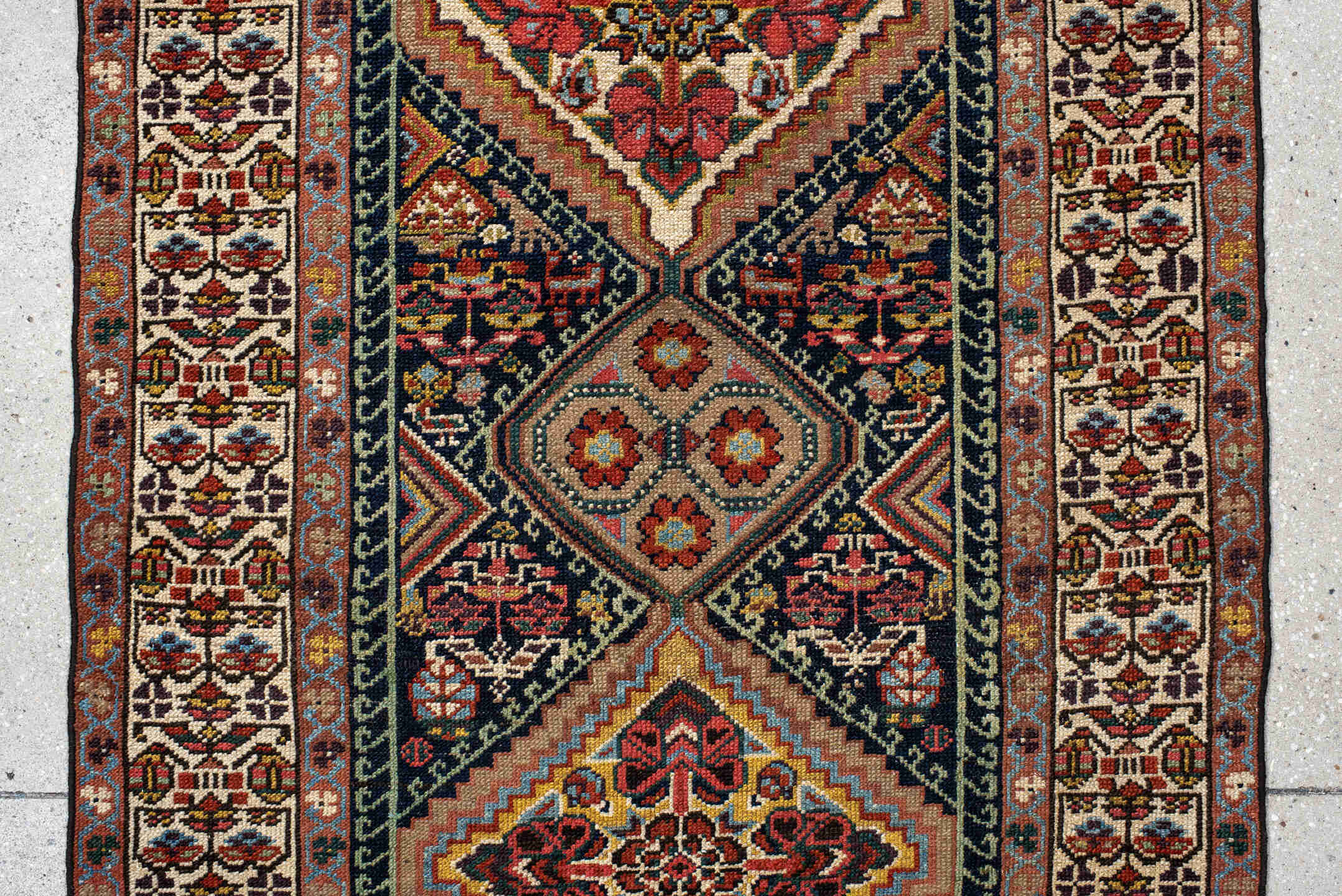 2' x 17' one-of-a-kind handmade antique Malayer runner rug. Color palette: ivory, indigo, rust, camel, burgundy, navy
