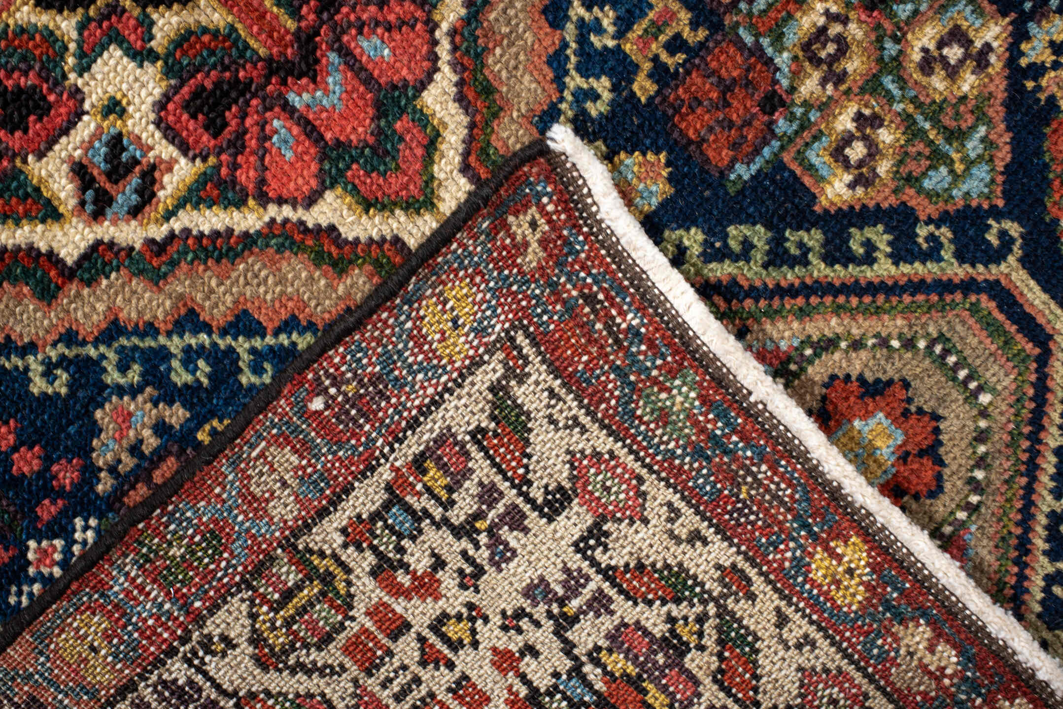 2' x 17' one-of-a-kind handmade antique Malayer runner rug. Color palette: ivory, indigo, rust, camel, burgundy, navy
