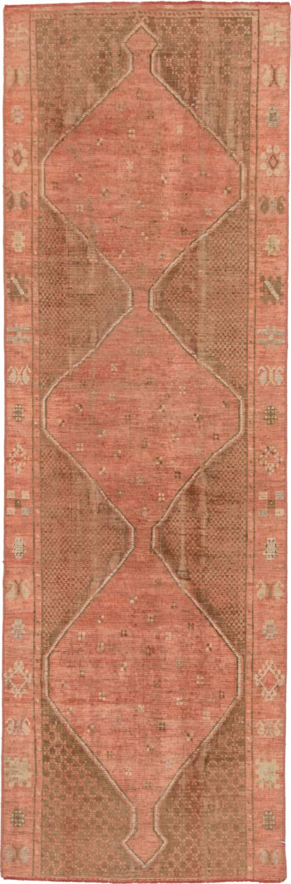 3' x 10' one-of-a-kind handmade antique Oushak runner rug. Color palette: salmon, taupe, brown, ivory, terra cotta, pink