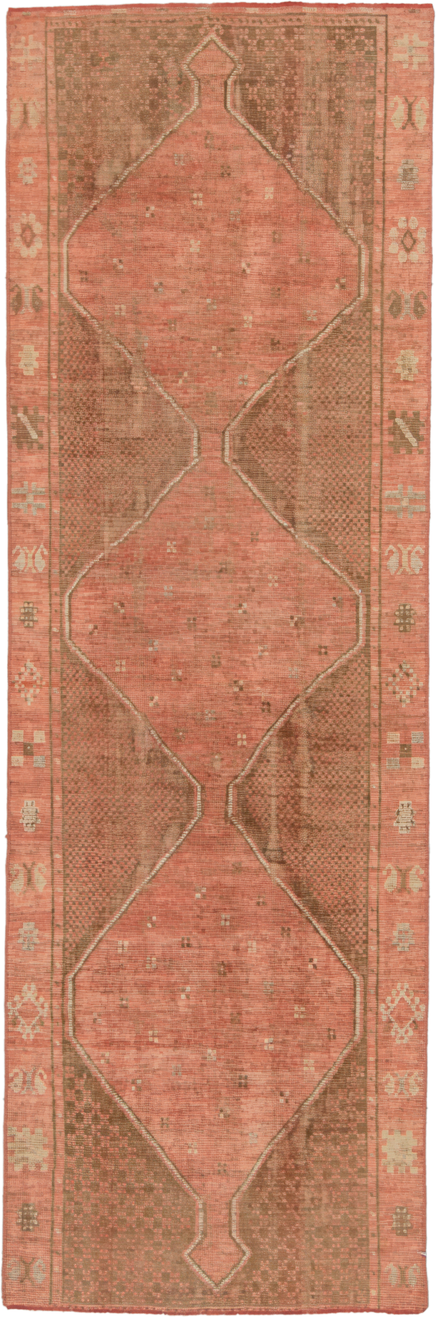 3' x 10' one-of-a-kind handmade antique Oushak runner rug. Color palette: salmon, taupe, brown, ivory, terra cotta, pink
