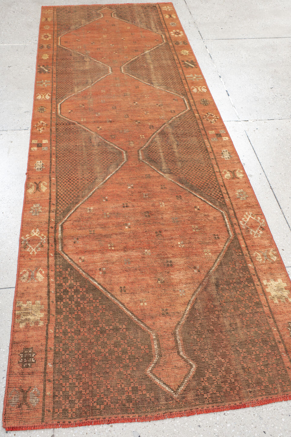 3' x 10' one-of-a-kind handmade vintage Oushak runner rug. Color palette: brown, dark salmon, pink, tan
