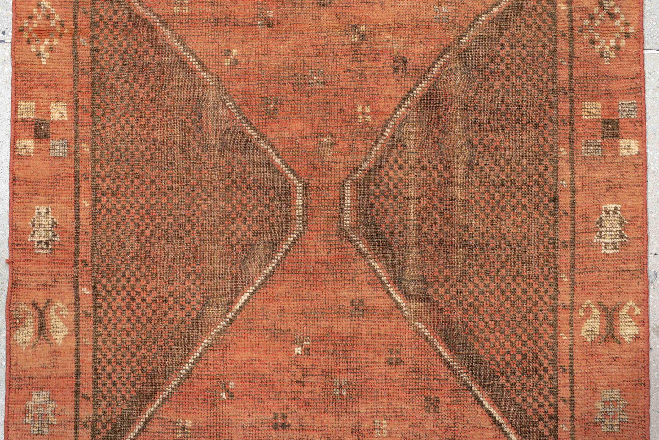 3' x 10' one-of-a-kind handmade vintage Oushak runner rug. Color palette: brown, dark salmon, pink, tan