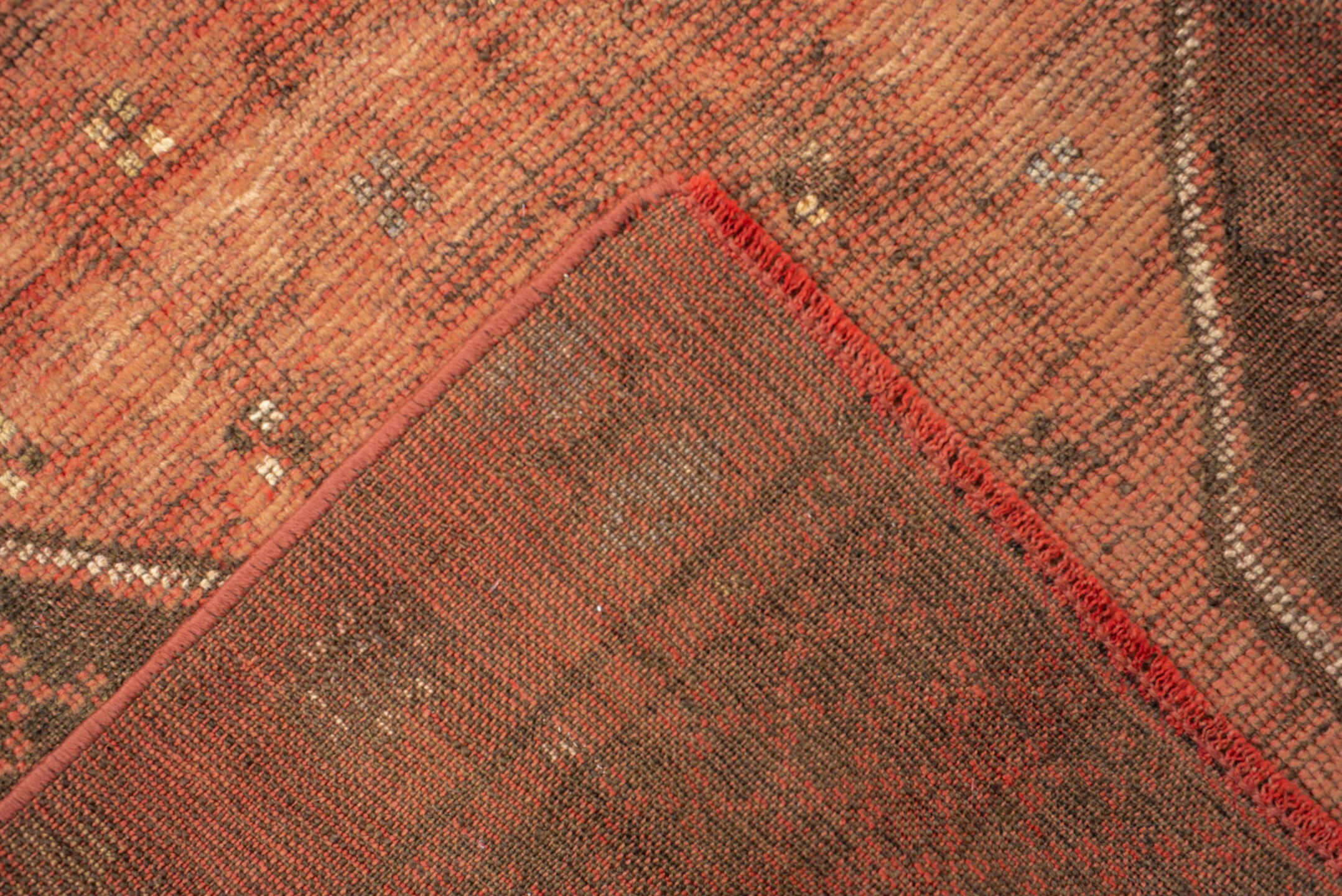 3' x 10' one-of-a-kind handmade antique Oushak runner rug. Color palette: salmon, taupe, brown, ivory, terra cotta, pink