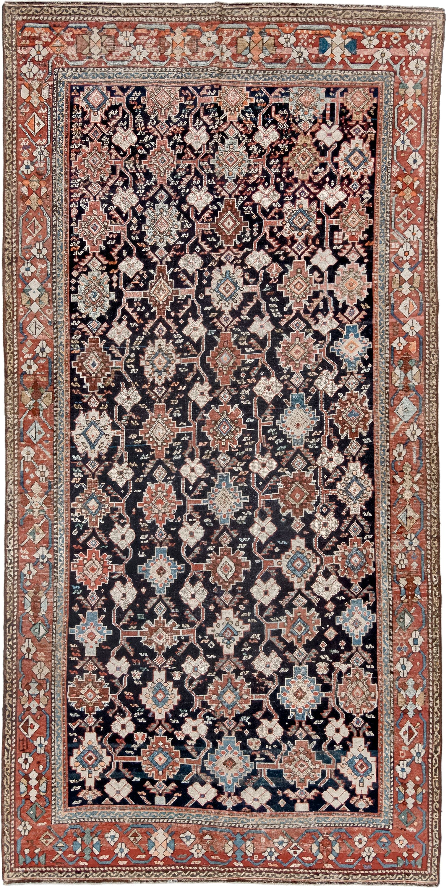 4' x 9' one-of-a-kind handmade antique Karabagh runner rug. Color palette: navy, terra cotta, ivory, light blue, rust, brown