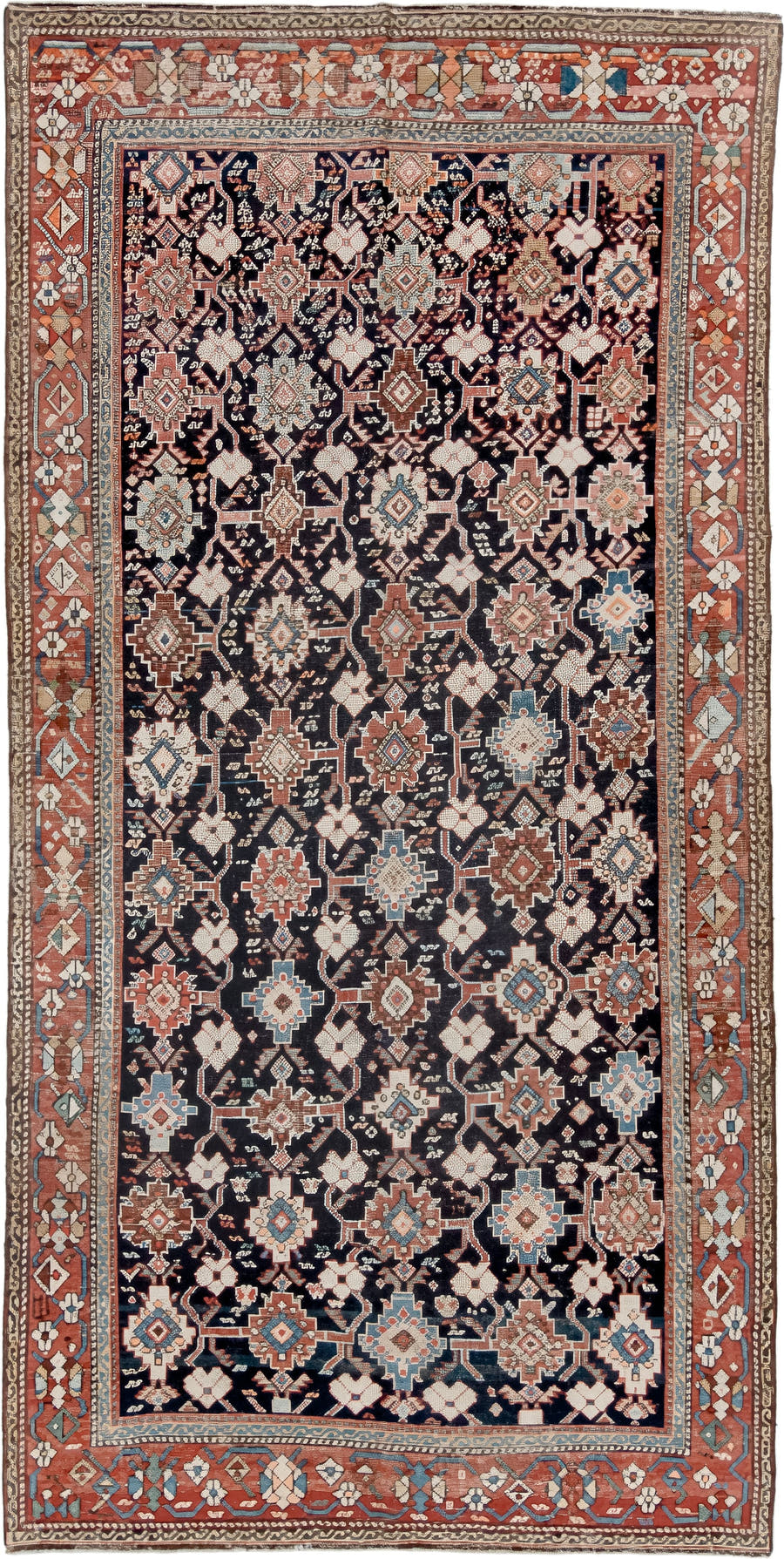 4' x 9' one-of-a-kind handmade antique Karabagh runner rug. Color palette: navy, terra cotta, ivory, light blue, rust, brown