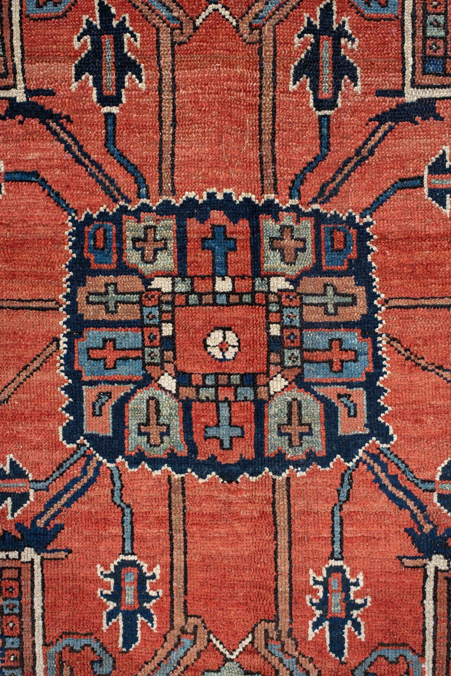 10' x 13' one-of-a-kind handmade antique Serapi large size rug. Color palette: terra cotta, navy, ivory, rust, sky blue