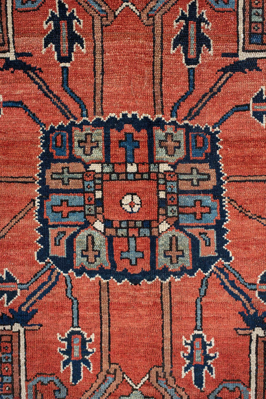 10' x 13' one-of-a-kind handmade antique Serapi large size rug. Color palette: terra cotta, navy, ivory, rust, sky blue