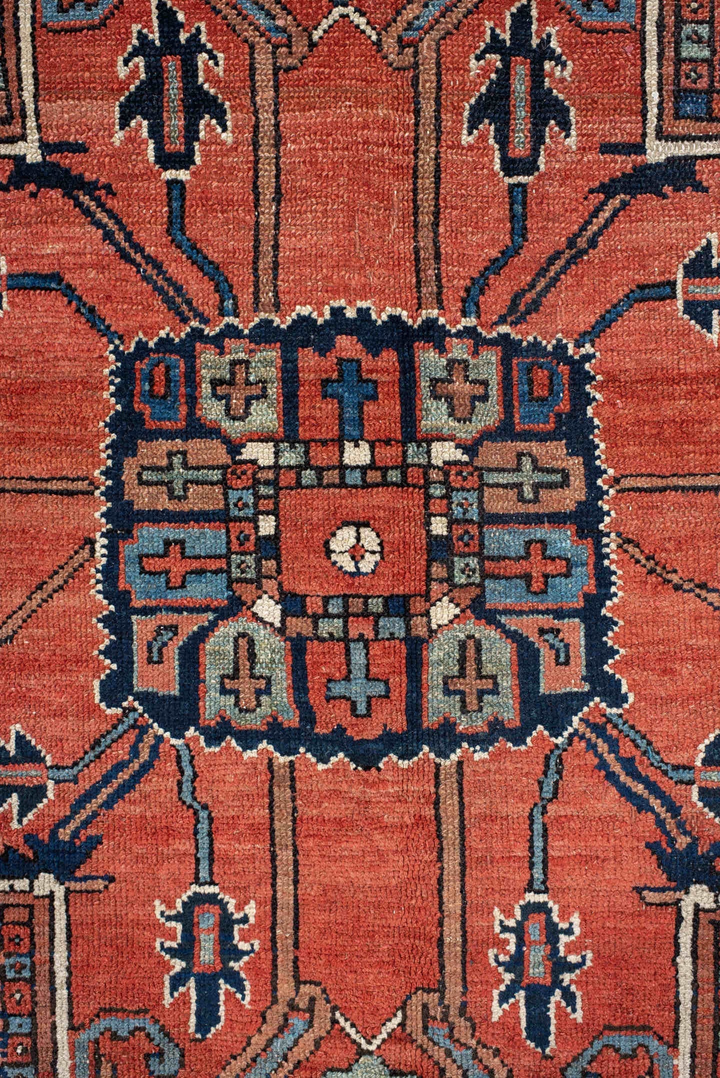 10' x 13' one-of-a-kind handmade antique Serapi large size rug. Color palette: terra cotta, navy, ivory, rust, sky blue
