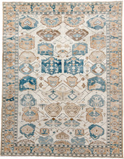 9' x 11' one-of-a-kind handmade antique Ardebil large size rug. Color palette: ivory, sky blue, sand, taupe, camel, brown