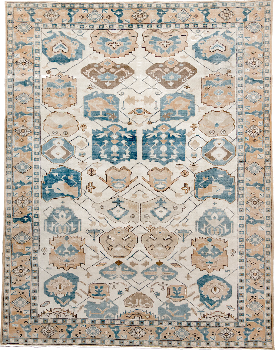 9' x 11' one-of-a-kind handmade vintage Ardebil large size rug. Color palette: black, blue, brown, dark gray, dim gray, gray