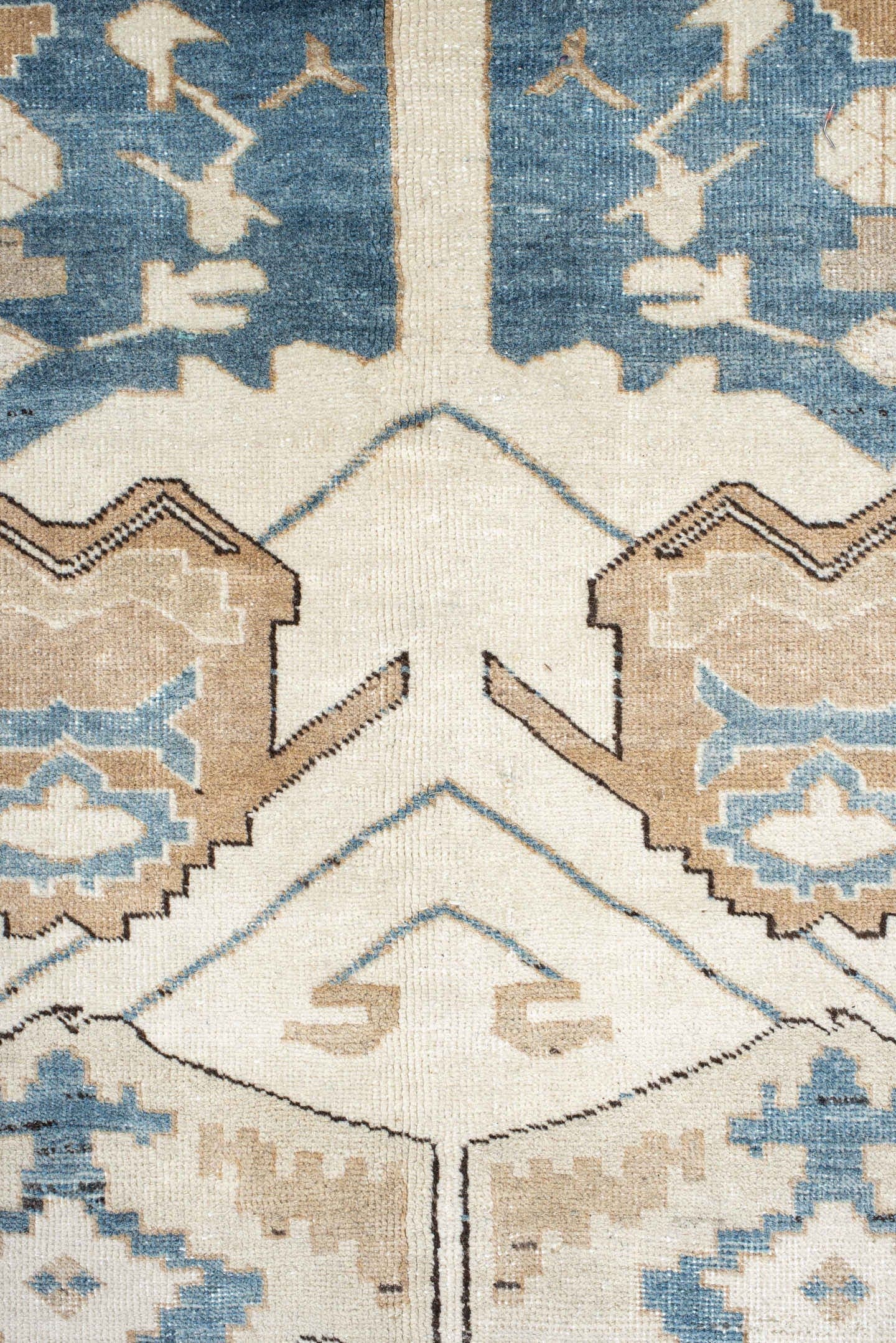9' x 11' one-of-a-kind handmade antique Ardebil large size rug. Color palette: ivory, sky blue, sand, taupe, camel, brown