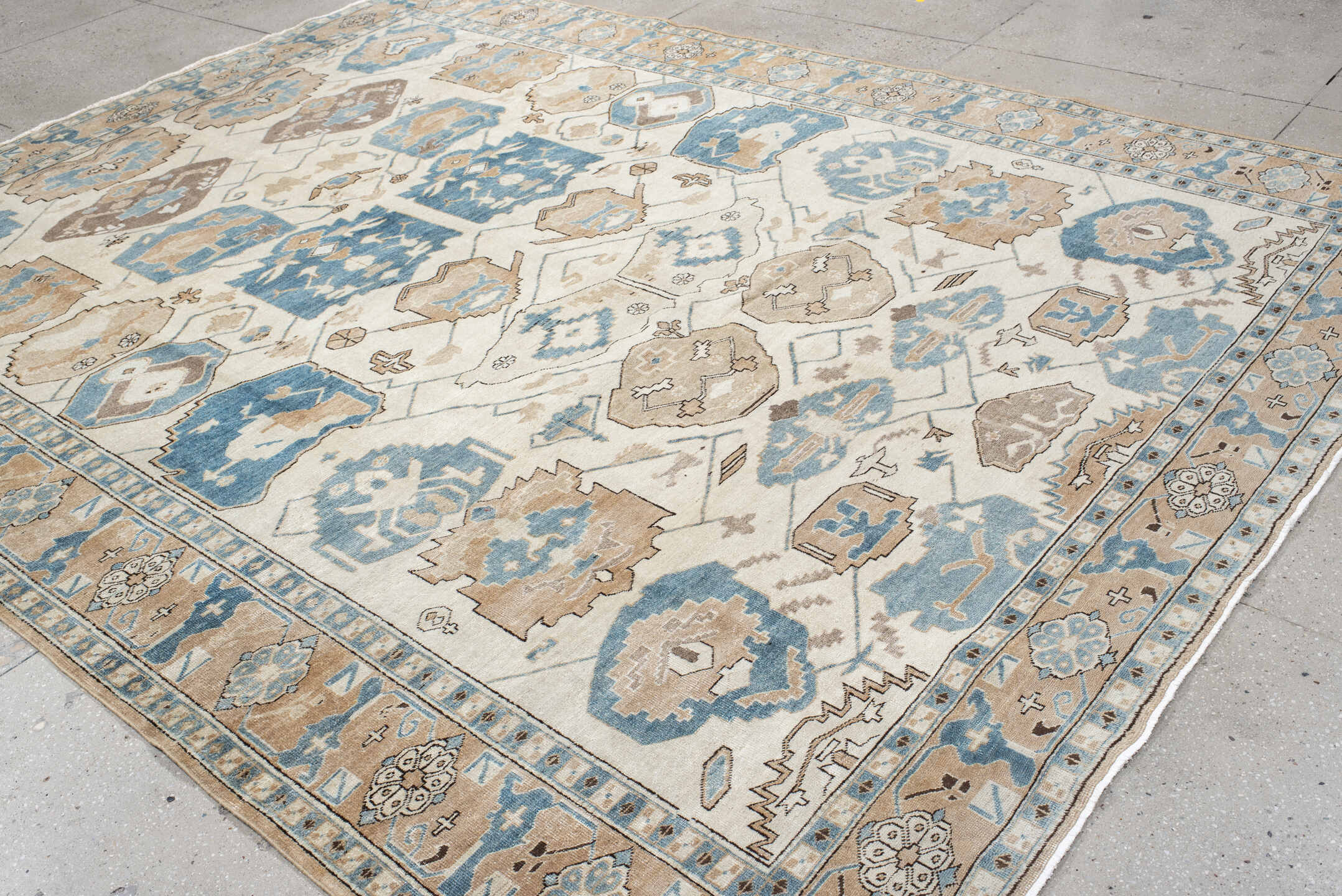 9' x 11' one-of-a-kind handmade antique Ardebil large size rug. Color palette: ivory, sky blue, sand, taupe, camel, brown