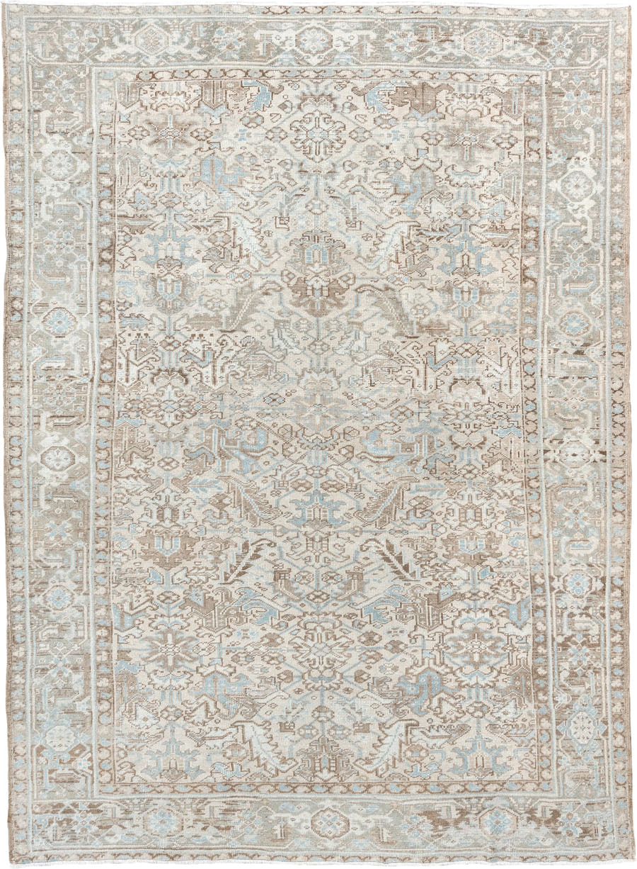 8' x 10' one-of-a-kind handmade vintage Heriz large size rug. Color palette: ivory, pale blue, taupe, beige, light gray