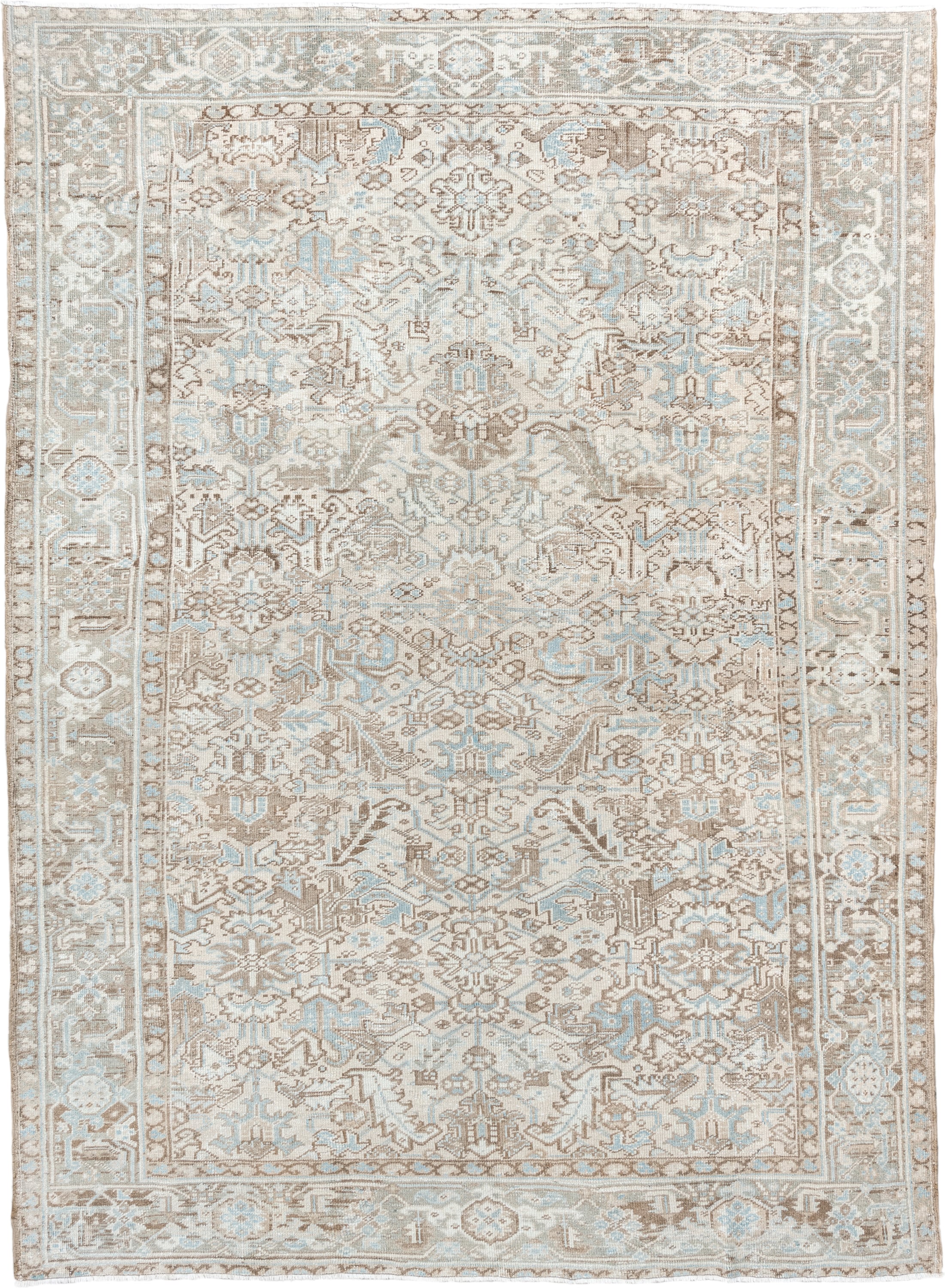 8' x 10' one-of-a-kind handmade vintage Heriz large size rug. Color palette: ivory, pale blue, taupe, beige, light gray