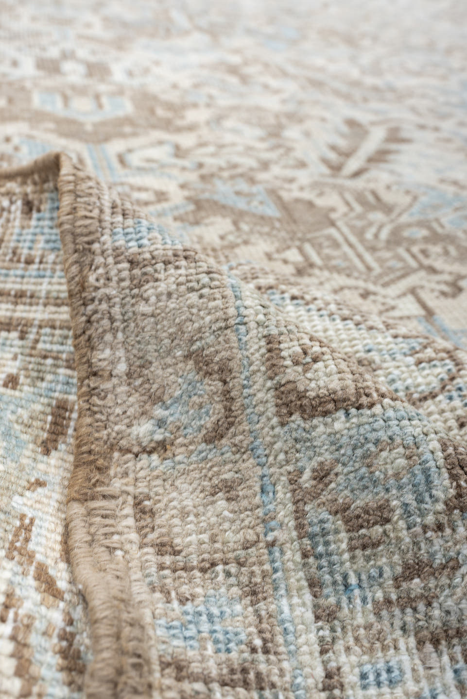 8' x 10' one-of-a-kind handmade vintage Heriz large size rug. Color palette: ivory, pale blue, taupe, beige, light gray