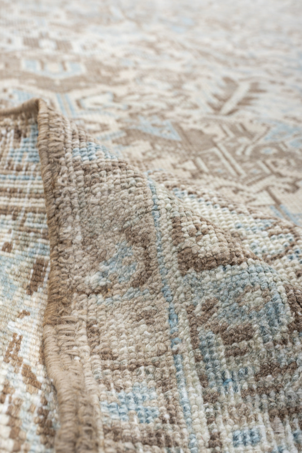8' x 10' one-of-a-kind handmade vintage Heriz large size rug. Color palette: ivory, pale blue, taupe, beige, light gray