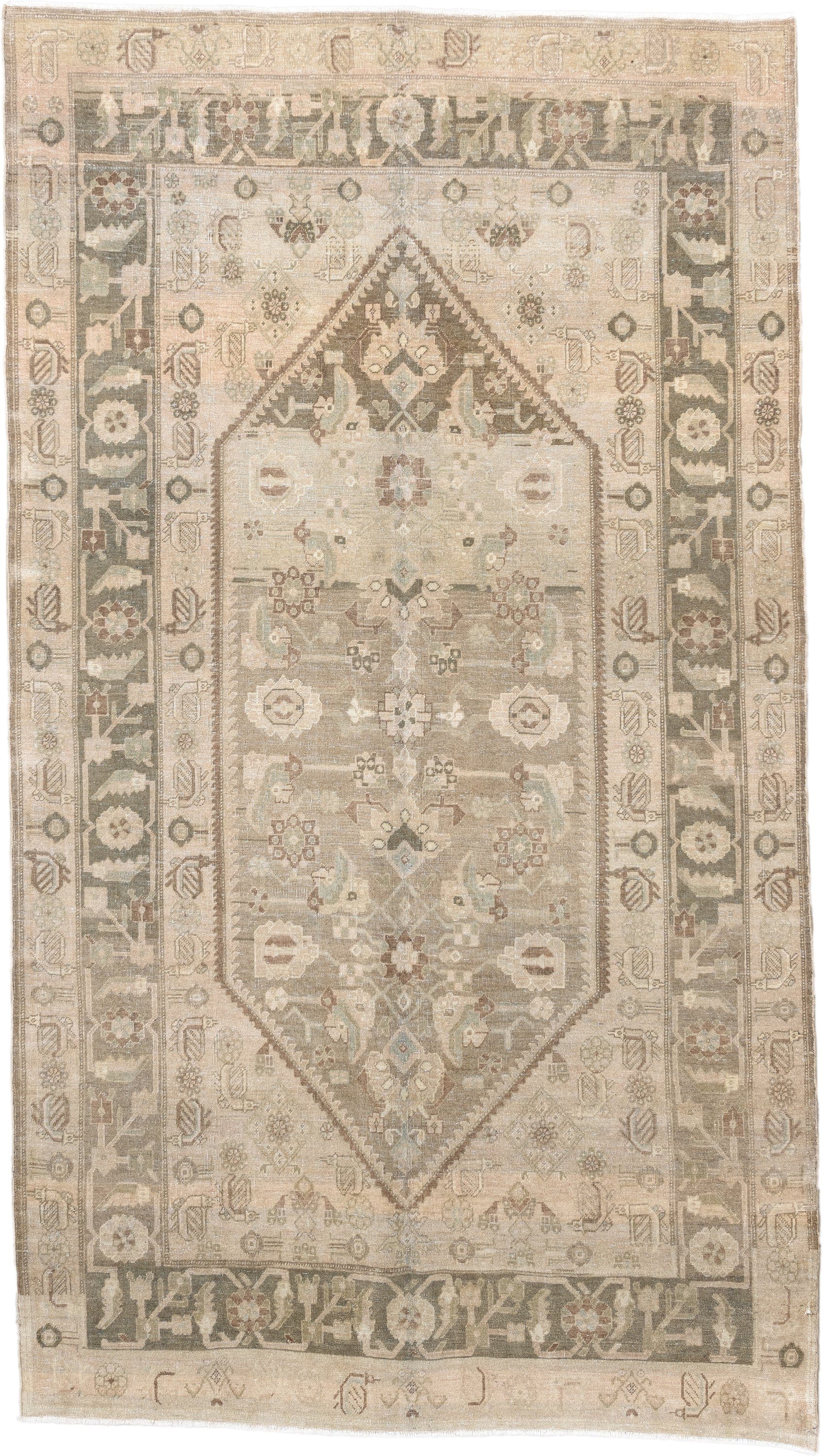 5' x 8' one-of-a-kind handmade vintage Bidjar medium size rug. Color palette: ivory, taupe, sage, camel, brown, rose, olive