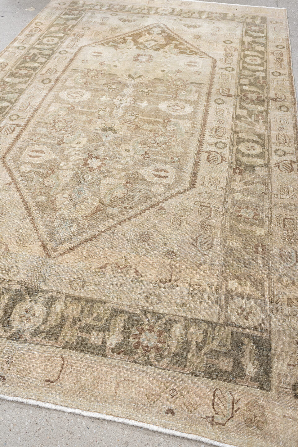 5' x 8' one-of-a-kind handmade vintage Bidjar medium size rug. Color palette: ivory, taupe, sage, camel, brown, rose, olive