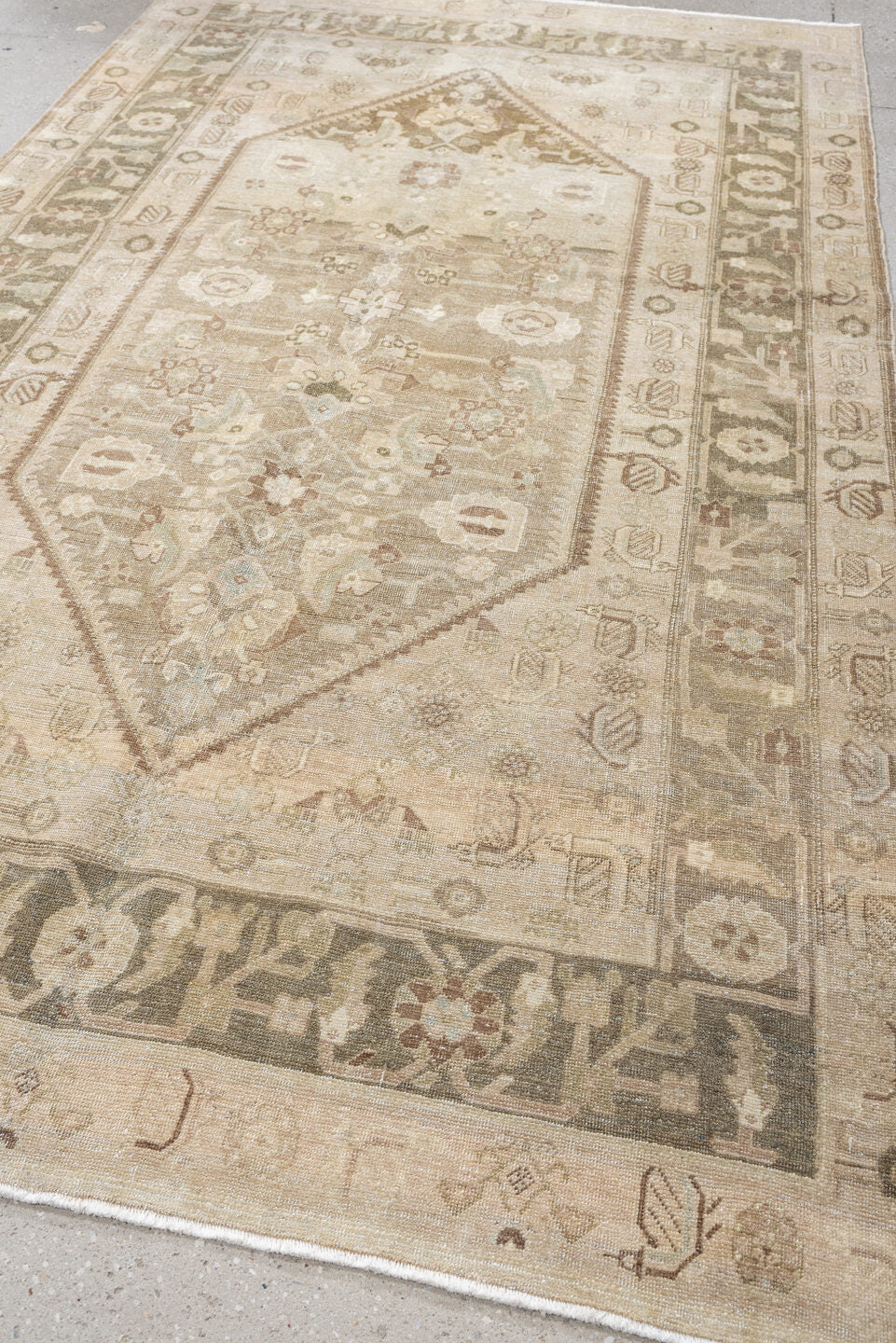 5' x 8' one-of-a-kind handmade vintage Bidjar medium size rug. Color palette: ivory, taupe, sage, camel, brown, rose, olive